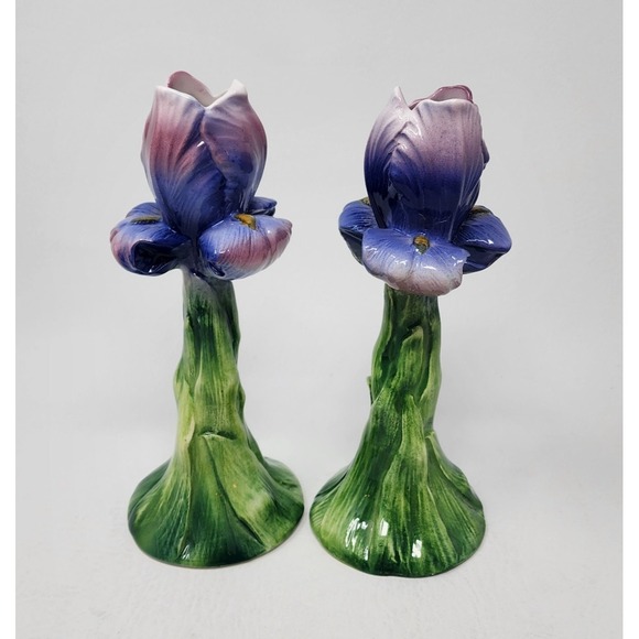 Set of 2 Vtg Ancora Porcelain Iris Italian Candlestick Holders Hand Painted 8" - Picture 3 of 10